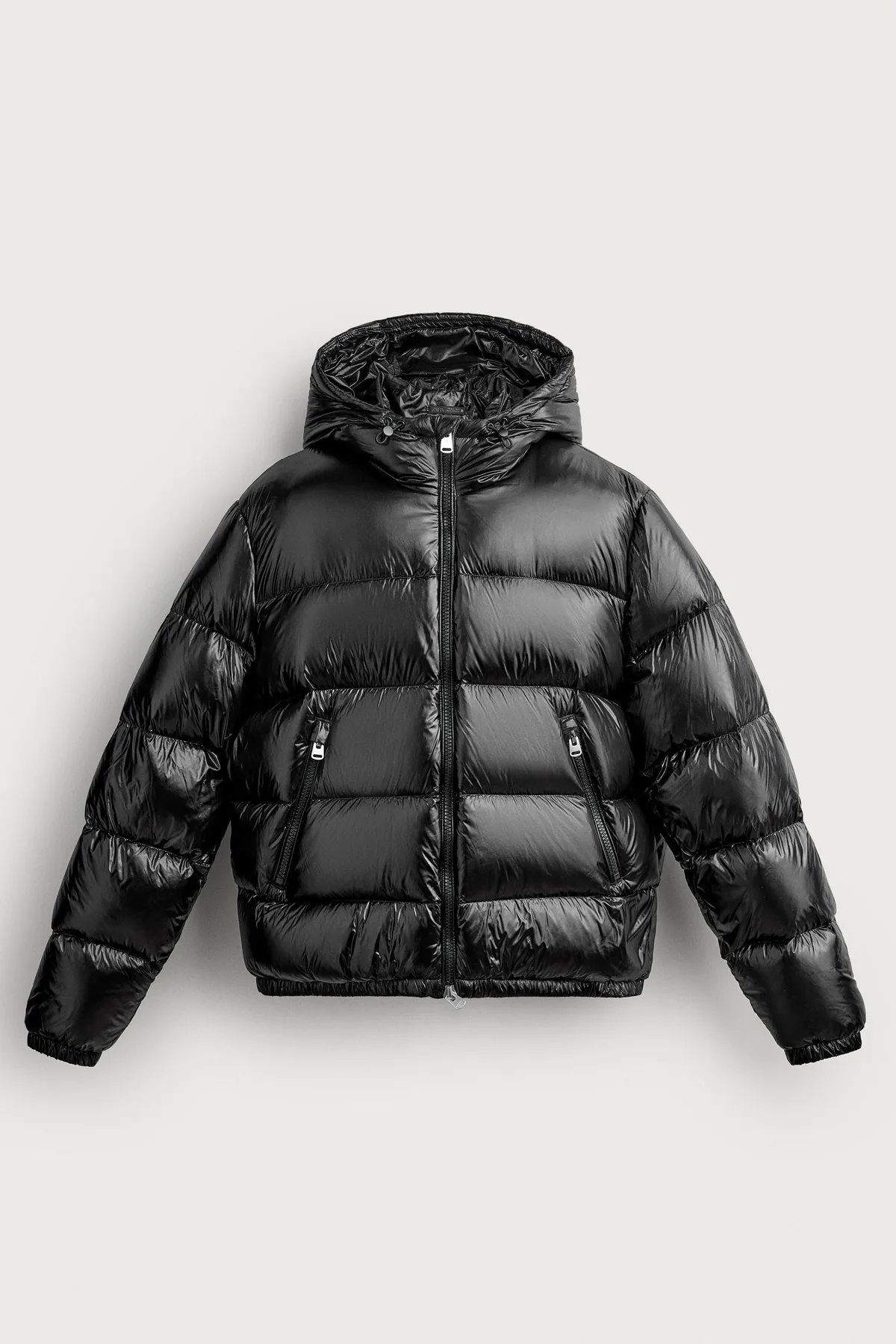 Zara Puffer Jacket, black puffer jacket, front view